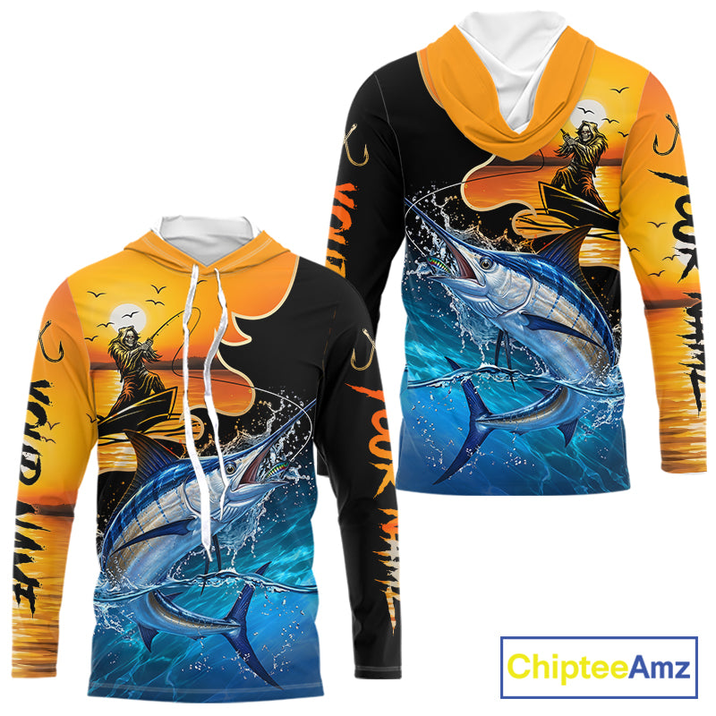 Marlin long sleeve hooded fishing shirt with fishing reaper design
Man wearing a colorful marlin fishing shirt on a boat