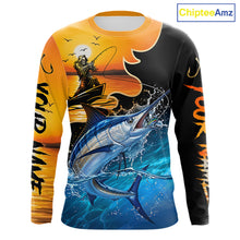 Load image into Gallery viewer, Long sleeve fishing shirt with a fish reaper and marlin design on a sunset background