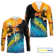Load image into Gallery viewer, Mahi Mahi long sleeve hooded fishing shirt with fishing reaper design