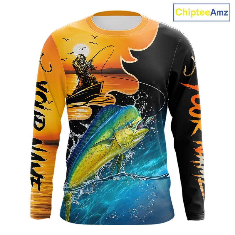 Marlin long sleeve fishing shirt with a fish reaper and sunset design