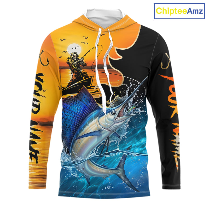 Long sleeve hooded fishing shirt with a fish reaper and sailfish design on a sunset background