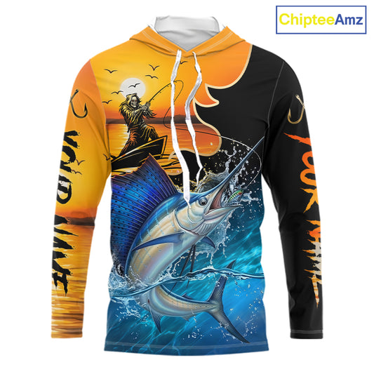 Long sleeve hooded fishing shirt with a fish reaper and sailfish design on a sunset background