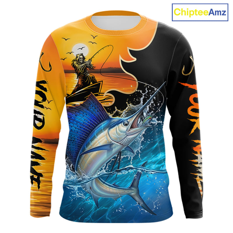 Long sleeve fishing shirt with a fisher reaper and sailfish design on an orange and black background