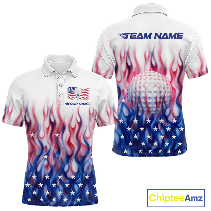 Fire American Flag Custom Patriotic Golf Polo Shirts For Men, Flame US Golf Shirt NBT1003