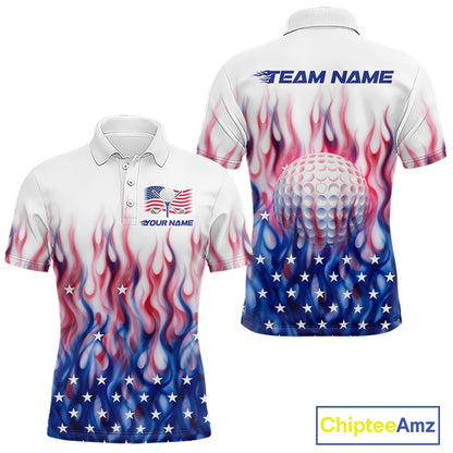 Fire American Flag Custom Patriotic Golf Polo Shirts For Men, Flame US Golf Shirt NBT1003