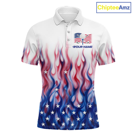 Fire American Flag Custom Patriotic Golf Polo Shirts For Men, Flame US Golf Shirt NBT1003