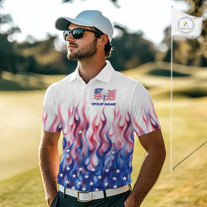 Fire American Flag Custom Patriotic Golf Polo Shirts For Men, Flame US Golf Shirt NBT1003