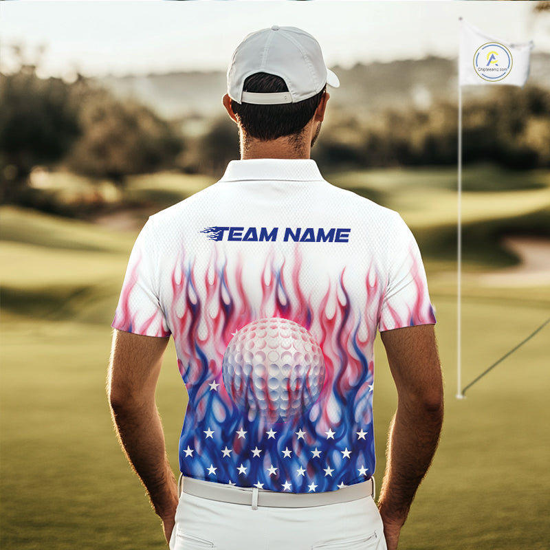 Fire American Flag Custom Patriotic Golf Polo Shirts For Men, Flame US Golf Shirt NBT1003