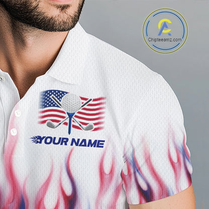 Fire American Flag Custom Patriotic Golf Polo Shirts For Men, Flame US Golf Shirt NBT1003