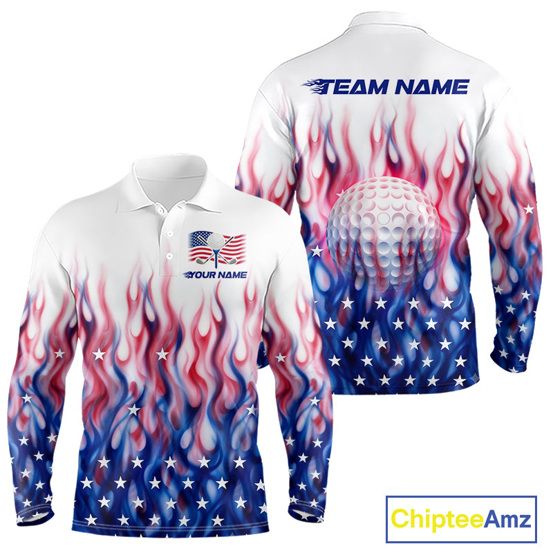 Fire American Flag Custom Patriotic Golf Polo Shirts For Men, Flame US Golf Shirt NBT1003