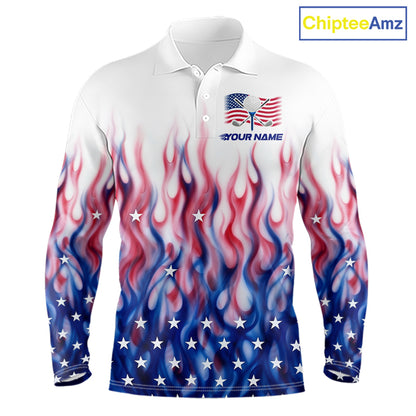 Fire American Flag Custom Patriotic Golf Polo Shirts For Men, Flame US Golf Shirt NBT1003