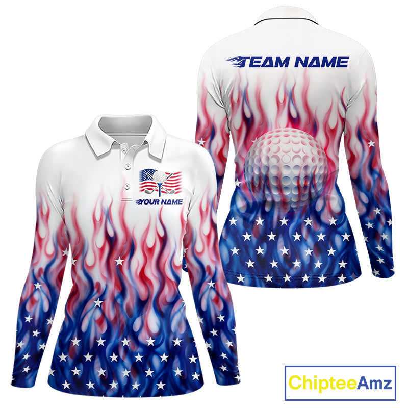 Fire American Flag Custom Patriotic Golf Polo Shirts For Women, Flame US Golf Shirt NBT1003