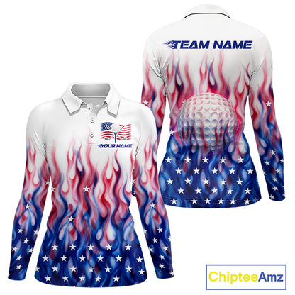 Fire American Flag Custom Patriotic Golf Polo Shirts For Women, Flame US Golf Shirt NBT1003