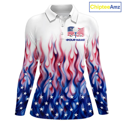 Fire American Flag Custom Patriotic Golf Polo Shirts For Women, Flame US Golf Shirt NBT1003