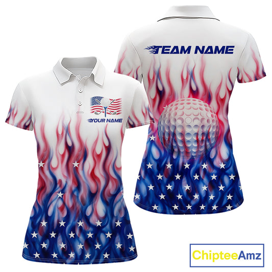 Fire American Flag Custom Patriotic Golf Polo Shirts For Women, Flame US Golf Shirt NBT1003