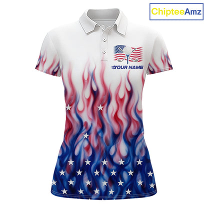 Fire American Flag Custom Patriotic Golf Polo Shirts For Women, Flame US Golf Shirt NBT1003