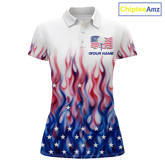 Fire American Flag Custom Patriotic Golf Polo Shirts For Women, Flame US Golf Shirt NBT1003