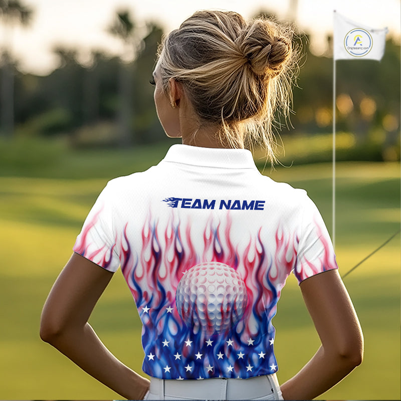 Fire American Flag Custom Patriotic Golf Polo Shirts For Women, Flame US Golf Shirt NBT1003
