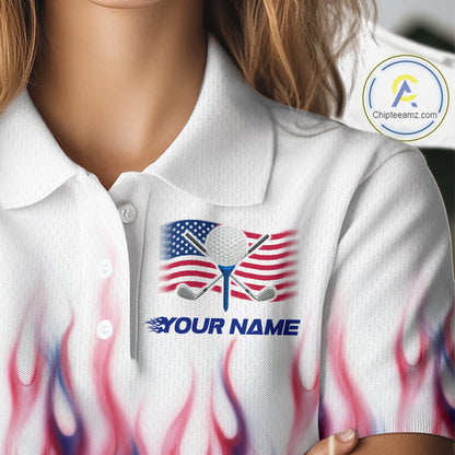 Fire American Flag Custom Patriotic Golf Polo Shirts For Women, Flame US Golf Shirt NBT1003