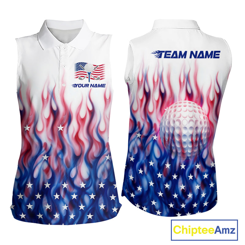 Fire American Flag Custom Patriotic Women Sleeveless Golf Polo Shirts, Flame US Golf Shirt NBT1003