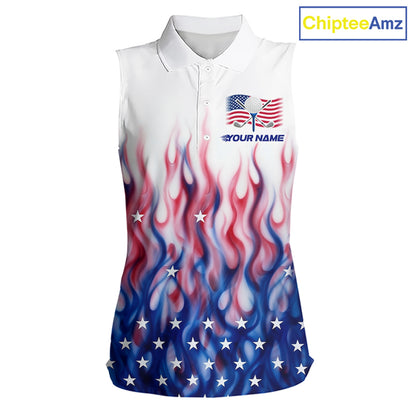 Fire American Flag Custom Patriotic Women Sleeveless Golf Polo Shirts, Flame US Golf Shirt NBT1003