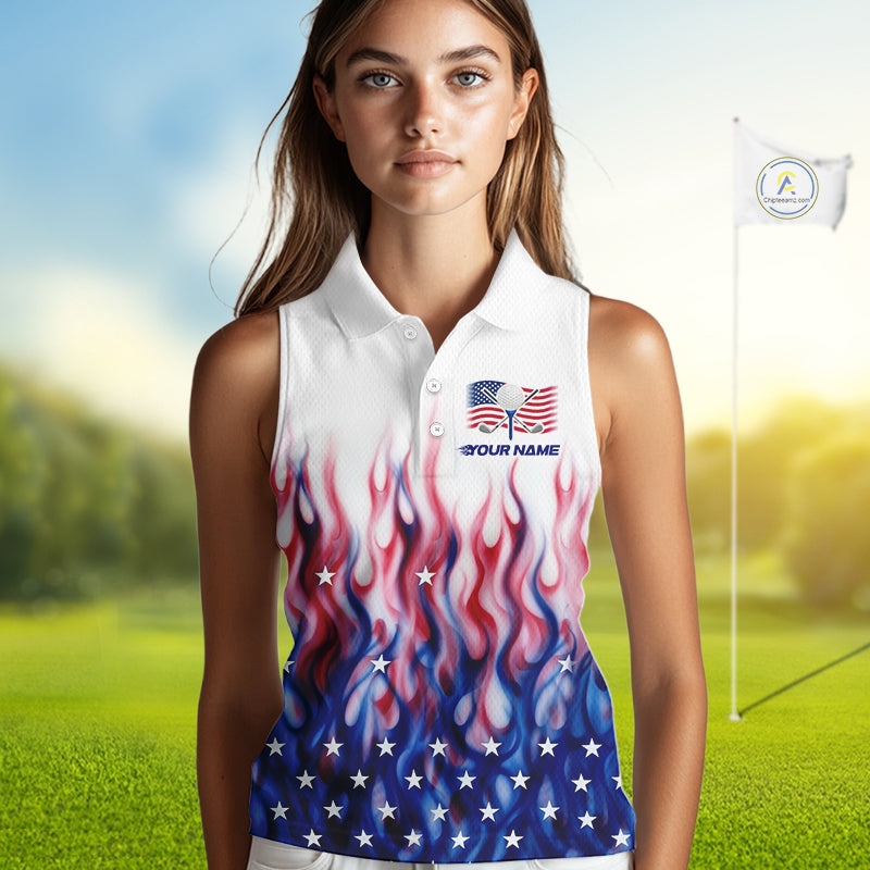 Fire American Flag Custom Patriotic Women Sleeveless Golf Polo Shirts, Flame US Golf Shirt NBT1003