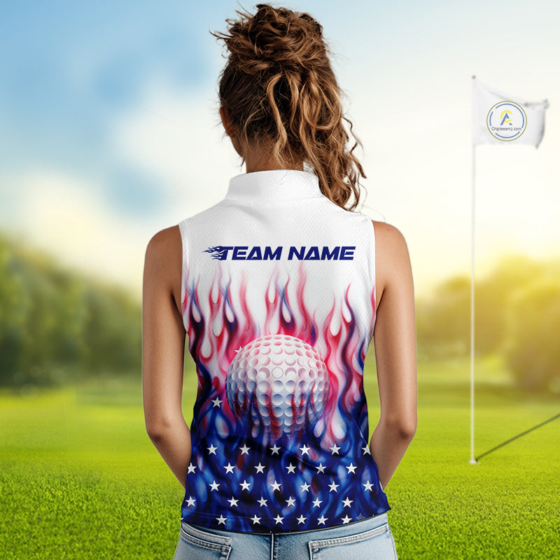 Fire American Flag Custom Patriotic Women Sleeveless Golf Polo Shirts, Flame US Golf Shirt NBT1003
