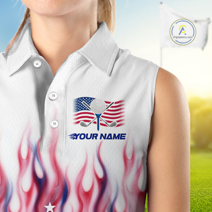 Fire American Flag Custom Patriotic Women Sleeveless Golf Polo Shirts, Flame US Golf Shirt NBT1003