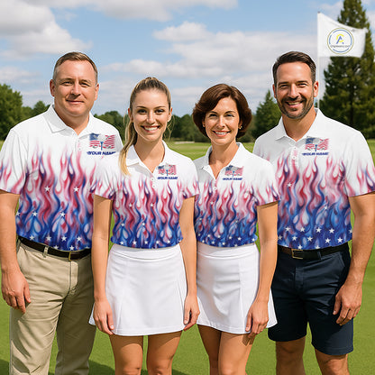 Fire American Flag Custom Patriotic Golf Polo Shirts For Men, Flame US Golf Shirt NBT1003