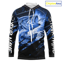 Load image into Gallery viewer, Long sleeve hooded fishing shirt with blue bass fish design on a black background