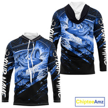 Load image into Gallery viewer, Blue and black long sleeve hooded fishing shirt with largemouth bass fish design on a white background