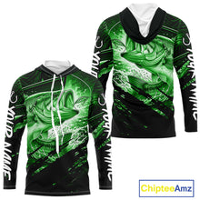 Load image into Gallery viewer, Green and black long sleeve hooded fishing shirt with largemouth bass fish design on a white background