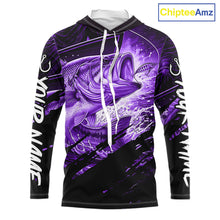 Load image into Gallery viewer, Long sleeve hooded fishing shirt with purple bass fish design on a black background