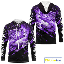 Load image into Gallery viewer, Purple and black long sleeve fishing shirt with largemouth bass fish design on a white background