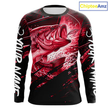 Load image into Gallery viewer, Long sleeve fishing shirt with red bass fish design on a black background