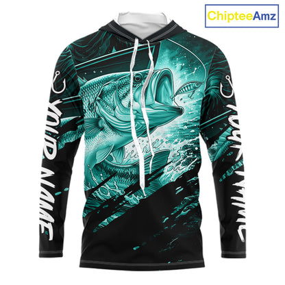 Long sleeve hooded fishing shirt with teal bass fish design on a black background