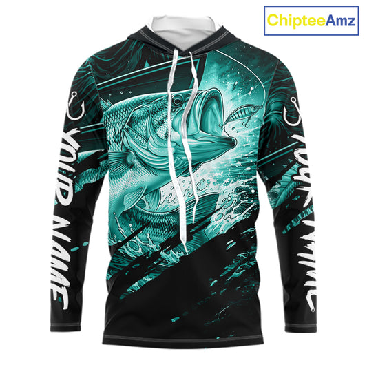 Long sleeve hooded fishing shirt with teal bass fish design on a black background
