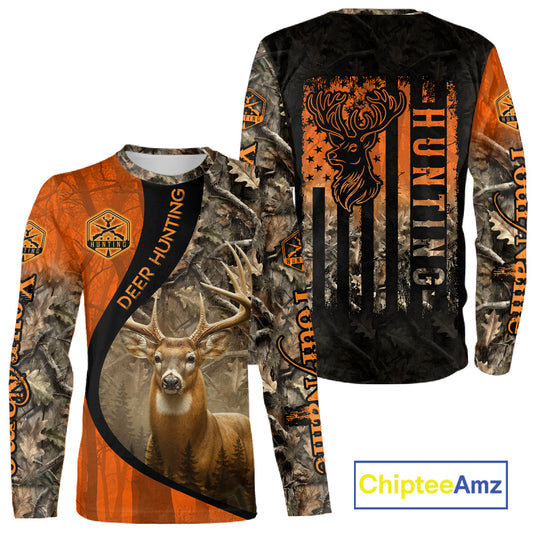 Orange Deer Camouflage US Flag Personalized Hunting Shirts, Hunting Outfit NBT57