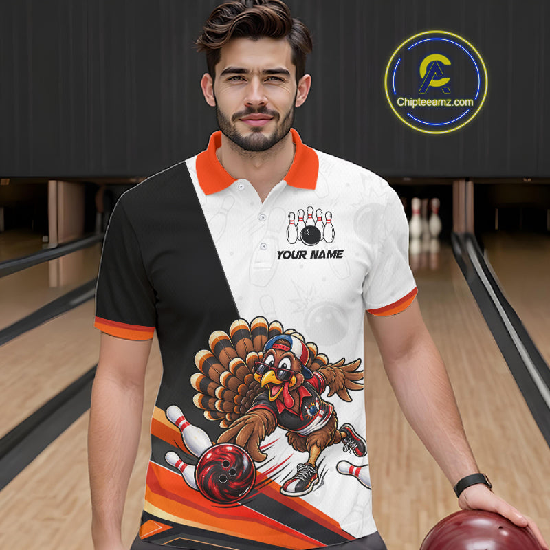 Funny Turkey Bowling Shirt For Men, Bowling Tournament Polo & 1/4 Zip Bowling Team Shirts NBT1006