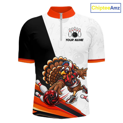 Funny Turkey Bowling Shirt For Men, Bowling Tournament Polo & 1/4 Zip Bowling Team Shirts NBT1006