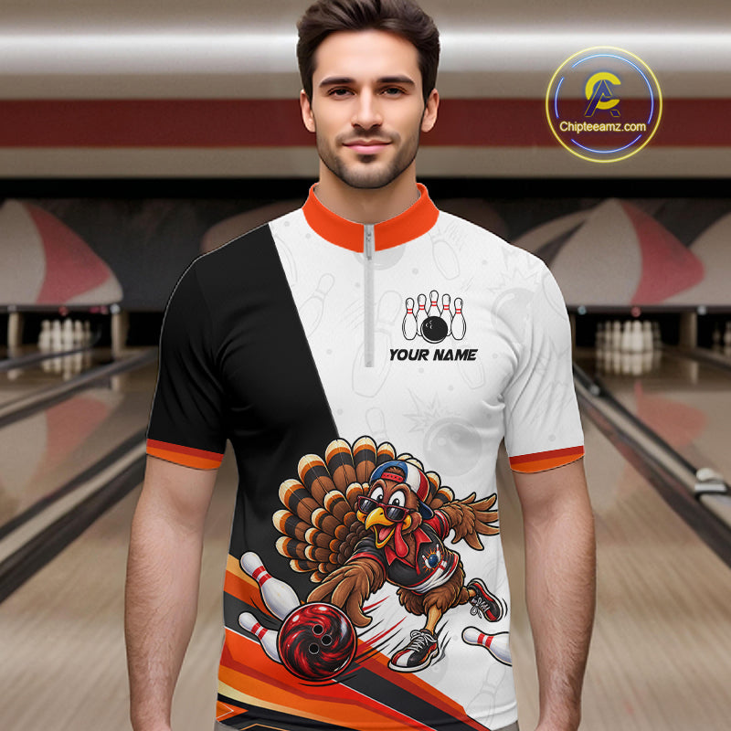 Funny Turkey Bowling Shirt For Men, Bowling Tournament Polo & 1/4 Zip Bowling Team Shirts NBT1006