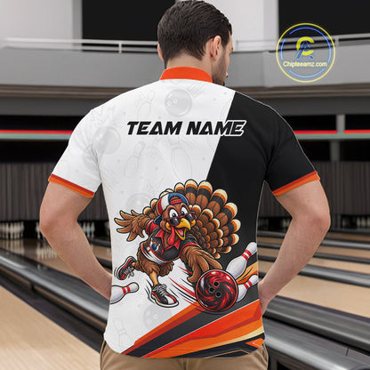 Funny Turkey Bowling Shirt For Men, Bowling Tournament Polo & 1/4 Zip Bowling Team Shirts NBT1006