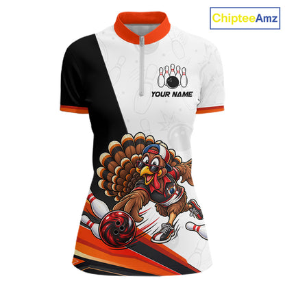 Funny Turkey Bowling Shirt For Women, Bowling Tournament Polo & 1/4 Zip Bowling Team Shirts NBT1006