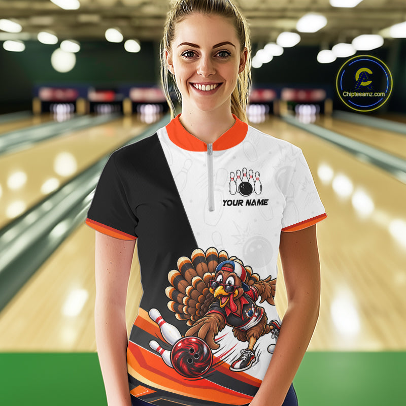 Funny Turkey Bowling Shirt For Women, Bowling Tournament Polo & 1/4 Zip Bowling Team Shirts NBT1006
