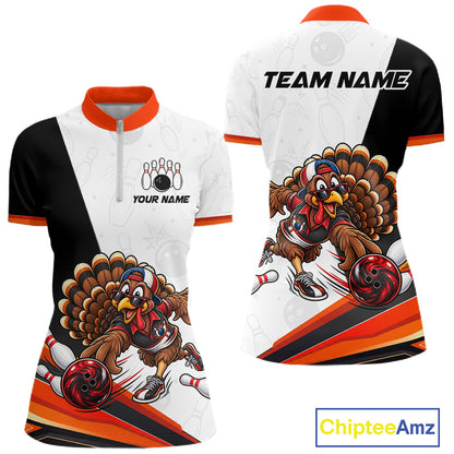 Funny Turkey Bowling Shirt For Women, Bowling Tournament Polo & 1/4 Zip Bowling Team Shirts NBT1006