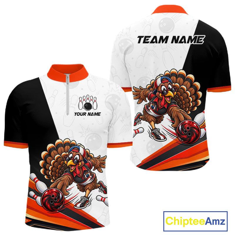 Funny Turkey Bowling Shirt For Men, Bowling Tournament Polo & 1/4 Zip Bowling Team Shirts NBT1006