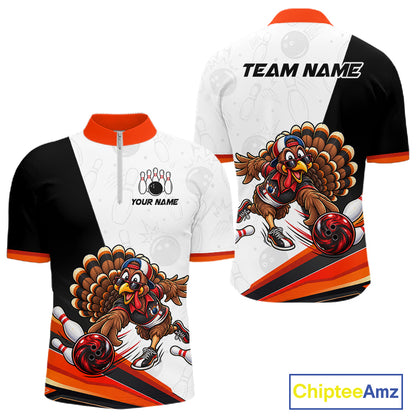 Funny Turkey Bowling Shirt For Men, Bowling Tournament Polo & 1/4 Zip Bowling Team Shirts NBT1006