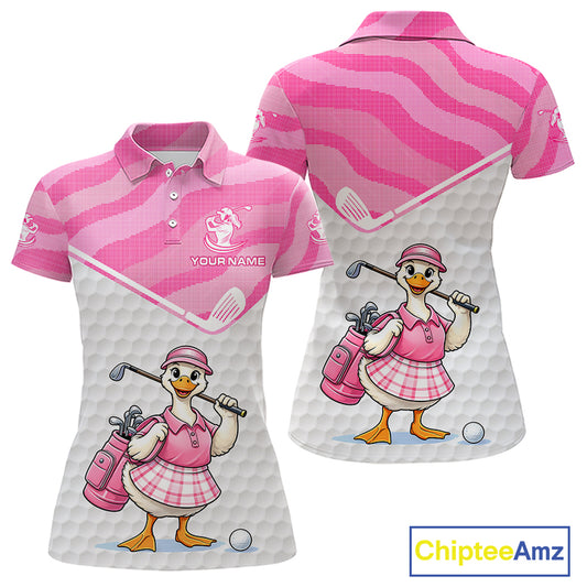 Pink Zebra Pattern Funny Duck Womens Golf Polo Shirts, Cute Duck Golfer, Sporty Animal Golf Gift NBT658