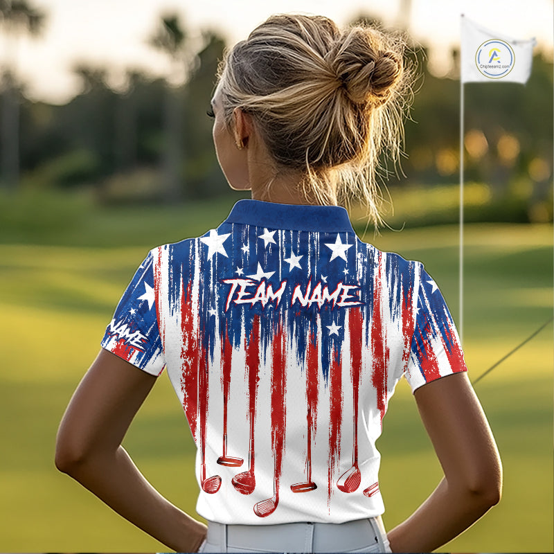 Personalized American Flag Golf White Womens Golf Polo Shirts Custom Name Golf Gifts For Ladies NBT659