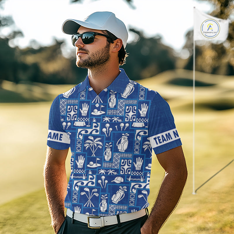 Blue Pattern Mens Golf Polo Shirts Custom Name Best Golf Clothing Shirts NBT1009
